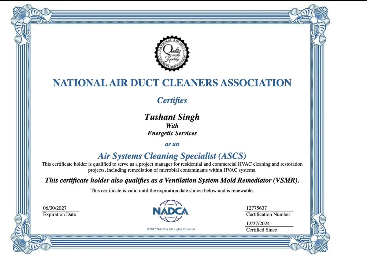NADCA Air Systems Cleaning Specialist and VSMR certificate for Tushant Singh, certification number 12775637, valid to 30 Jun 2027